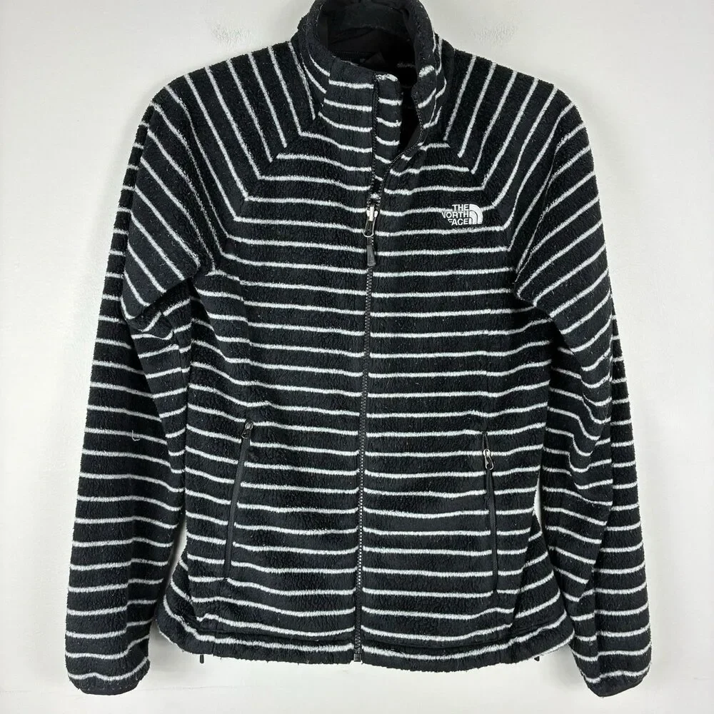 The North Face Womens Striped Fuzzy Fleece Black Full-Zip Jacket Sz S * PILLING - Picture 1 of 11
